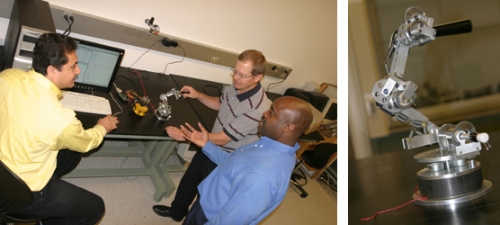 Above, at left: (L-R) Farzad Ahmadkhanlou, doctoral student in mechanical engineering, and professors Stephen Bechtel and Greg Washington examine a manipulator device as interaction occurs with a small scale robot. At Right: A manipulator prototype, similar to the manipulator a surgeon would use in an operation room, has been used in current research at the Intelligent Structures and Systems Laboratory.
